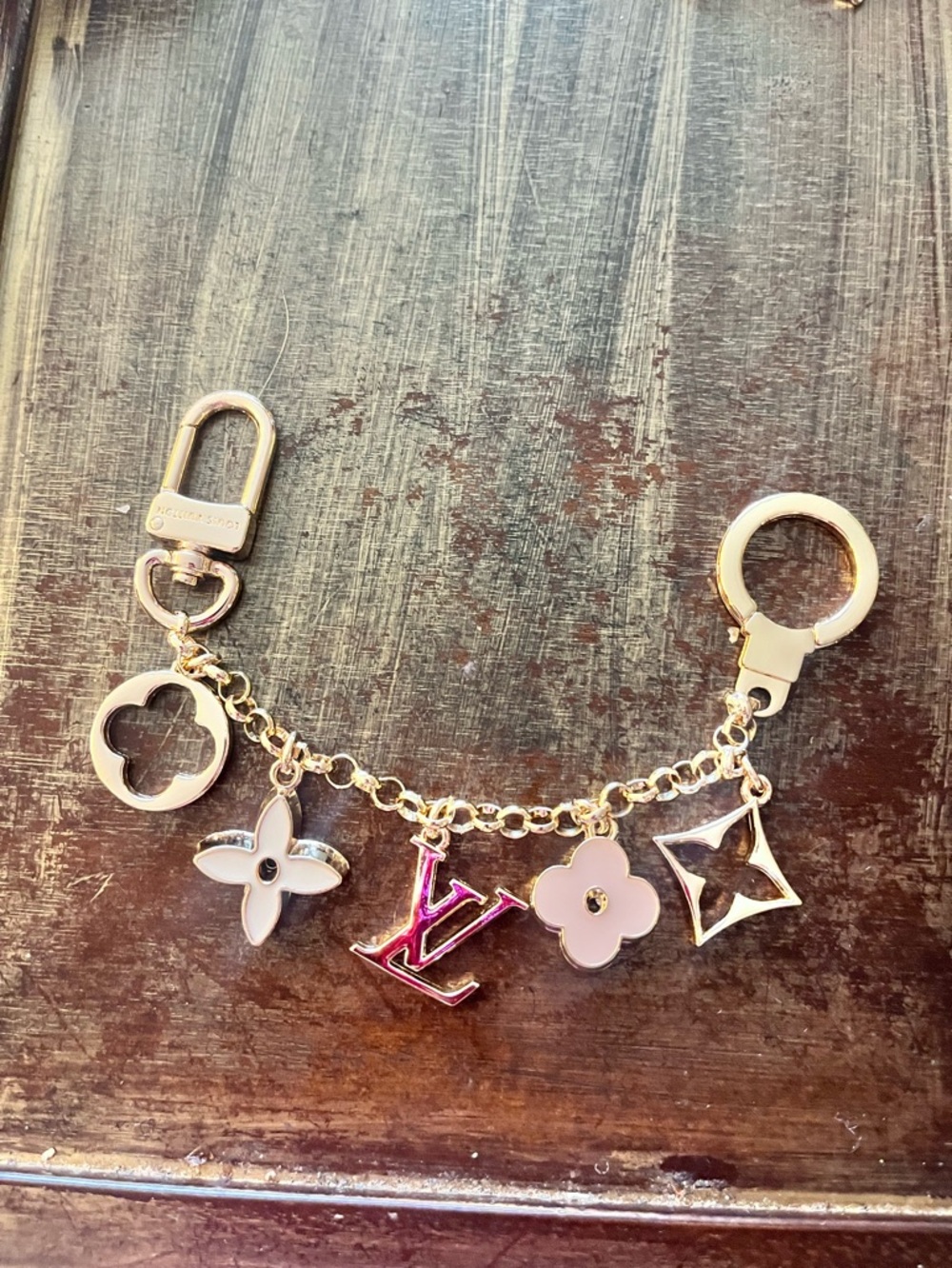 Louis Vuitton Gold and Pink Enamel LV Charm Bag Chain